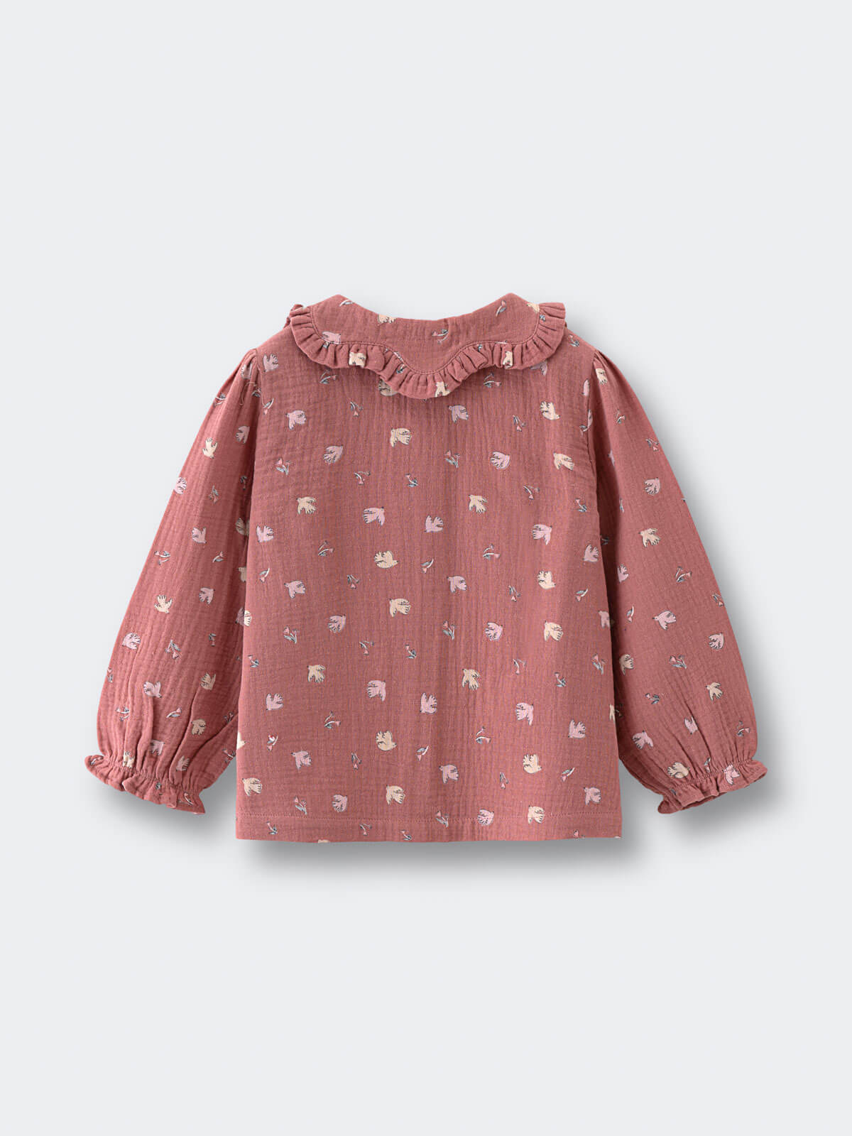 Pink children's blouse with ruffled collar on a light gray background Ruffle Woven Blouse - Bird And Blossom Rosehip Girls