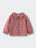 Pink blouse with ruffled collar and animal print on a light gray background Ruffle Woven Blouse - Bird And Blossom Rosehip Girls
