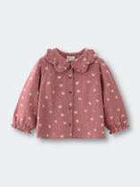 Pink blouse with ruffled collar and animal print on a light gray background Ruffle Woven Blouse - Bird And Blossom Rosehip Girls