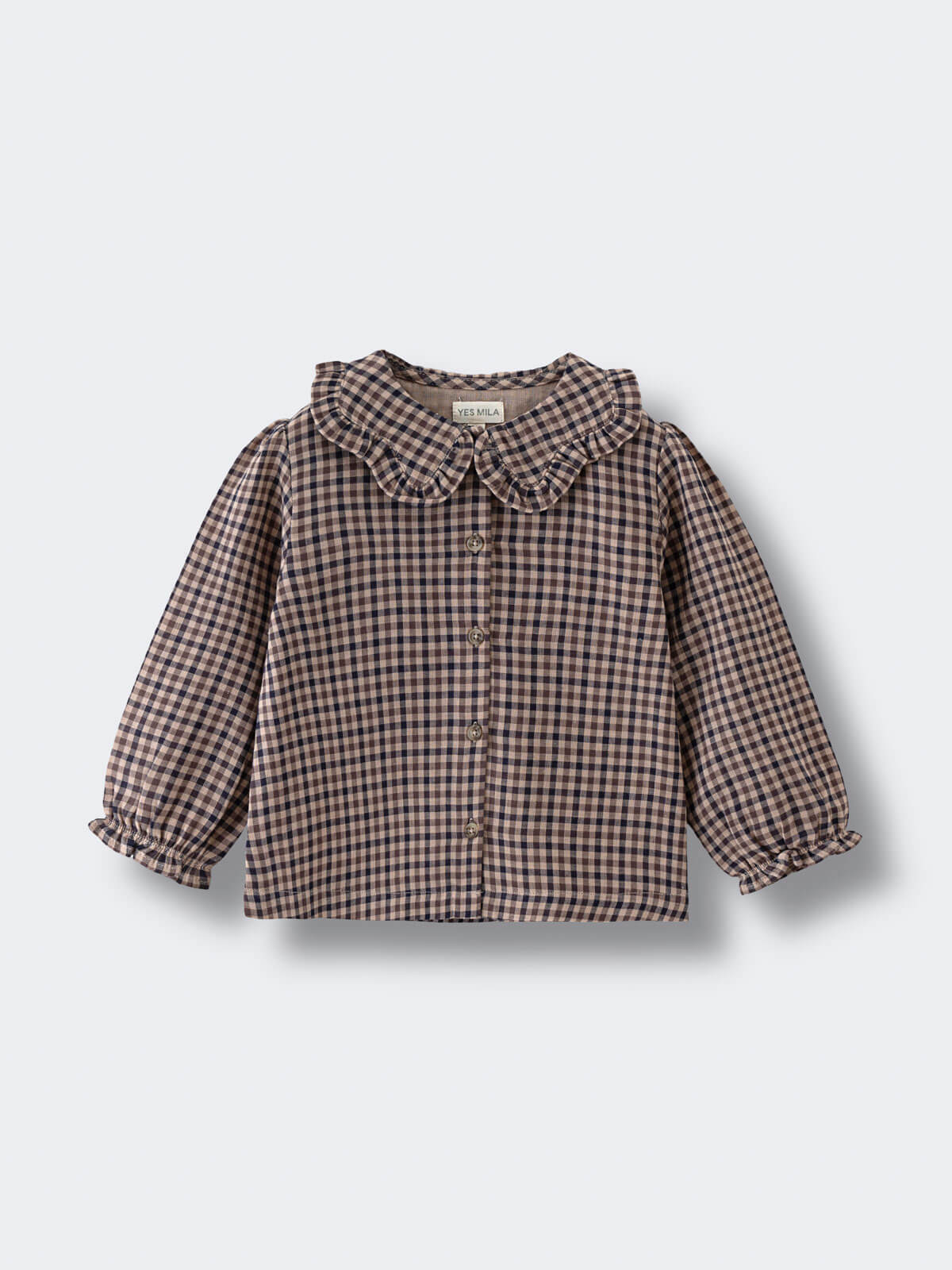 Checkered shirt with a collar on a light gray background Ruffle Woven Blouse - Muslin Cotton Check Girls