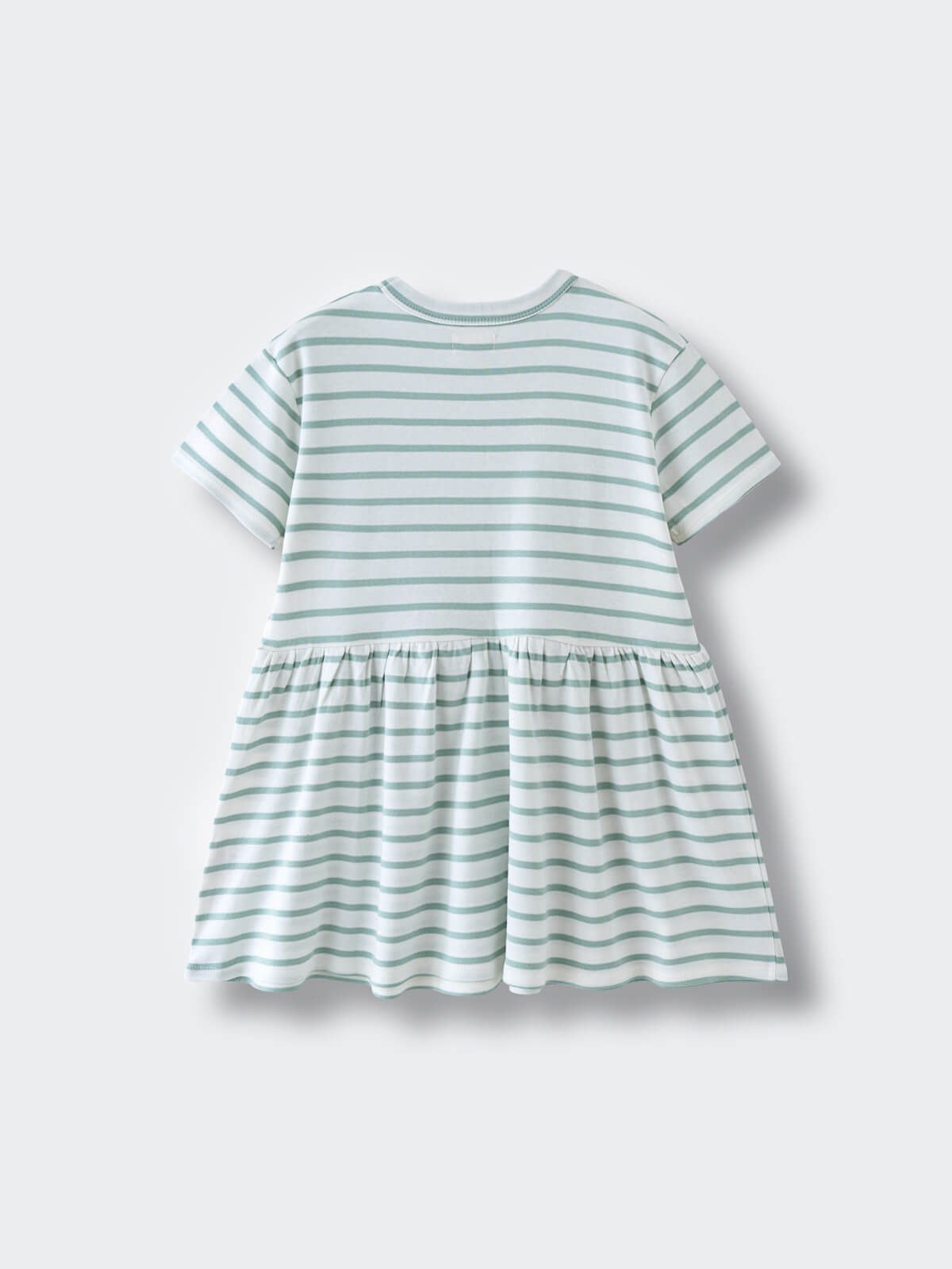Short sleeve striped dress with gathered skirt in sage and white Short Sleeve Dress - Harbour Stripe Girls