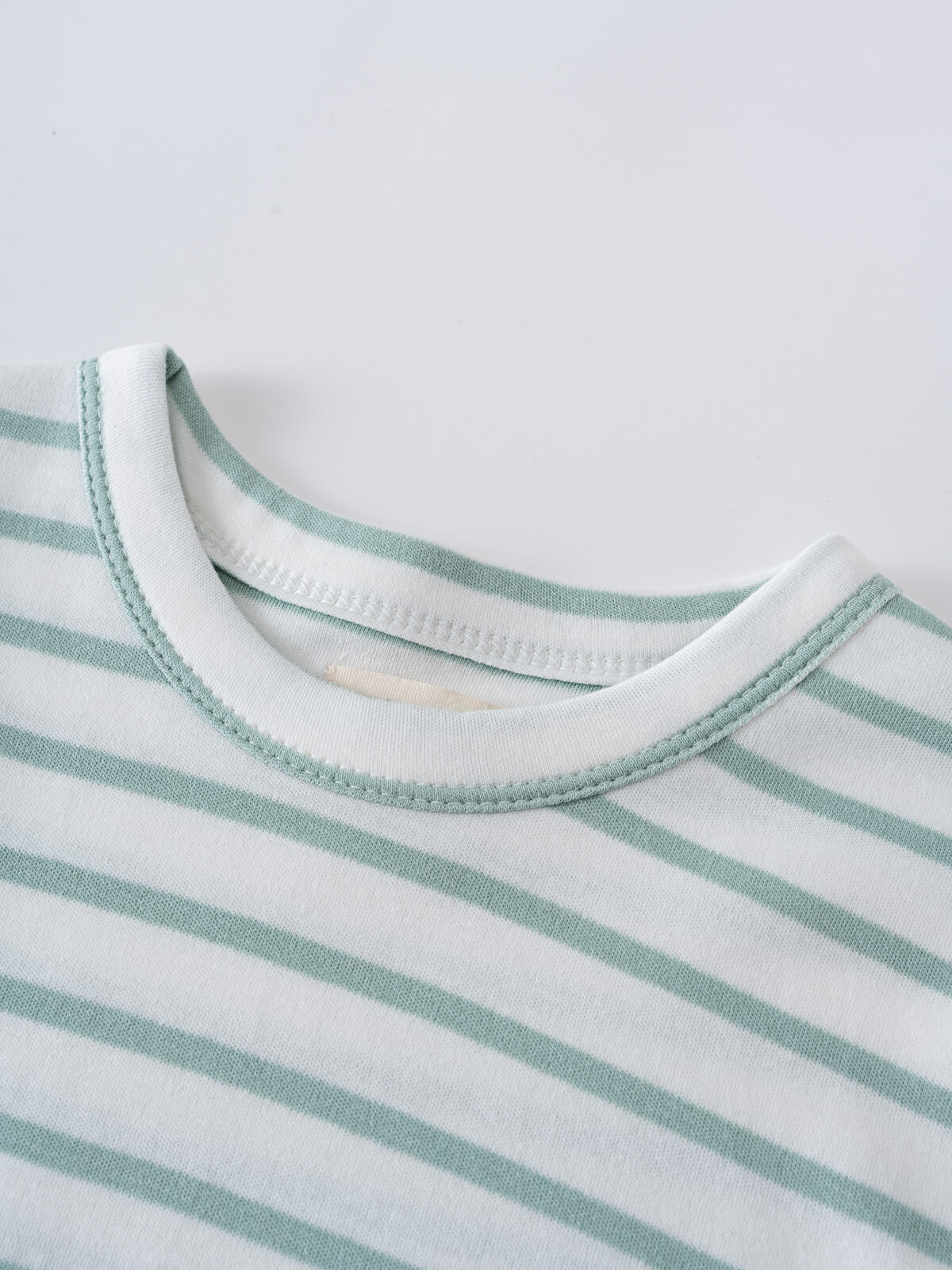 Close-up of striped fabric neckline with green and white horizontal stripes Short Sleeve Dress - Harbour Stripe Girls