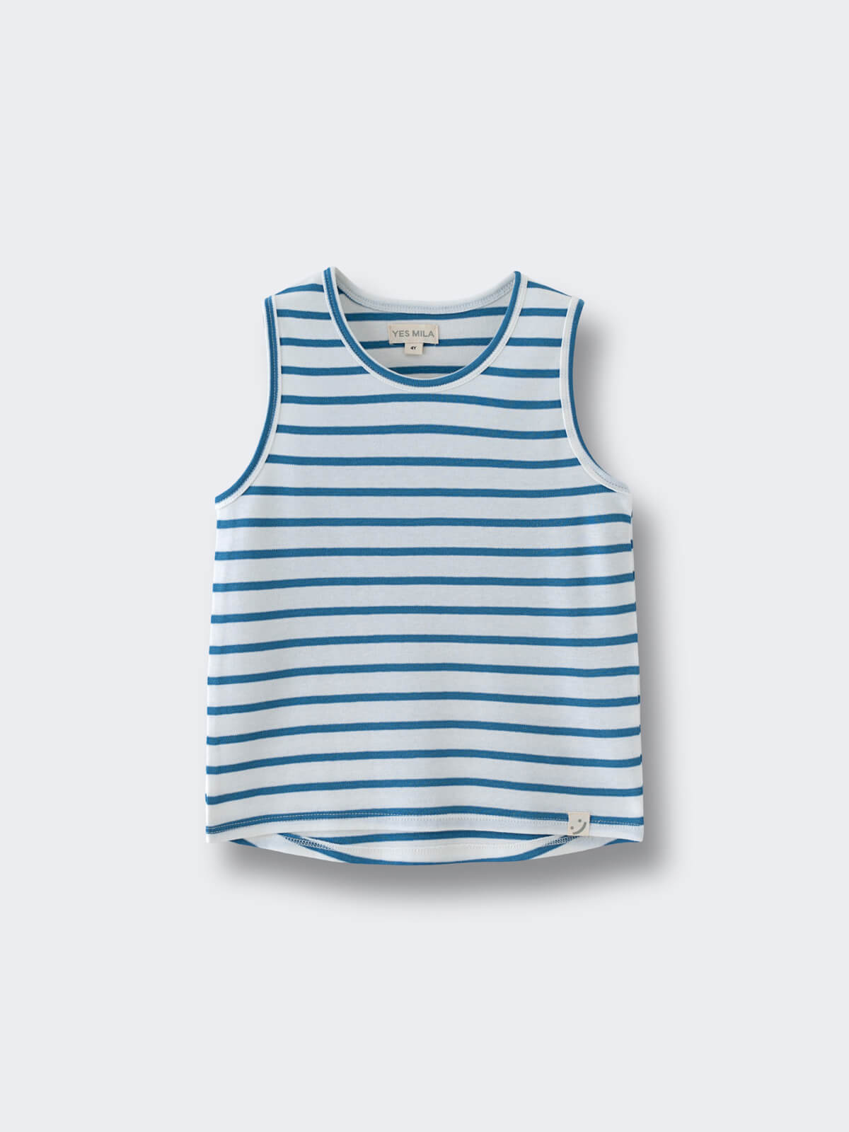White sleeveless tank top with blue horizontal stripes on a light background Sleeveless Tee - Blue Stripe Boys