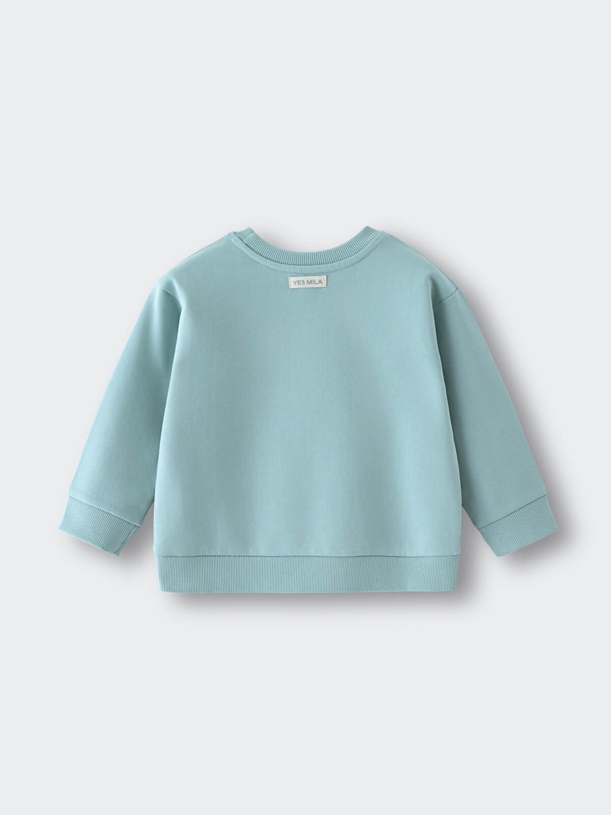 Light blue children's sweatshirt with ribbed cuffs and hem laid flat Sophie Sweatshirt - Posy Mint Girls