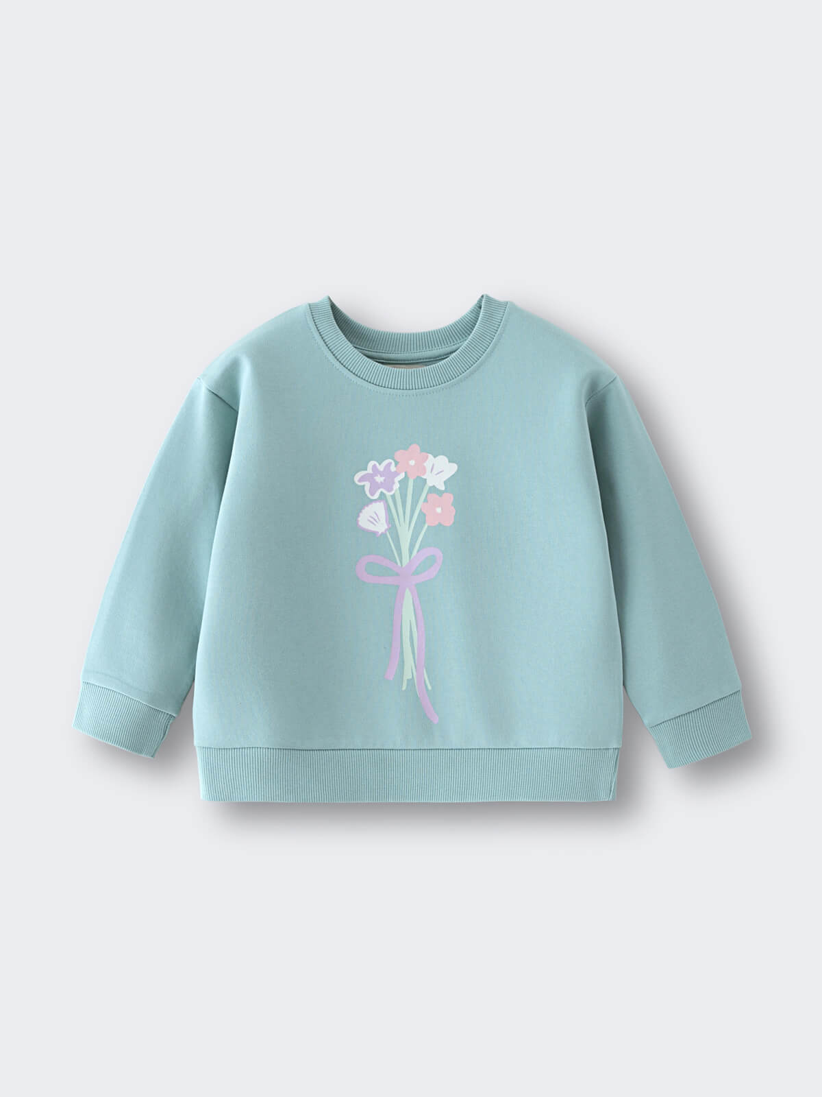 Light blue sweatshirt with floral bouquet graphic on the front Sophie Sweatshirt - Posy Mint Girls