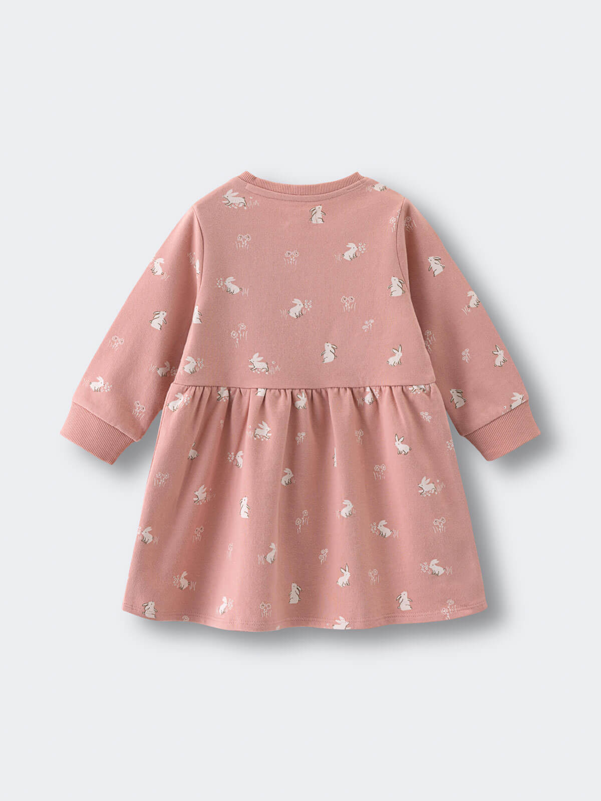 Pink sweatshirt dress with white rabbit and flower print pattern Baby Sweatshirt Dress - Meadow Friends Blush Baby girl