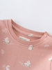 Close-up of pink ribbed neckline with white embroidered rabbit pattern Baby Sweatshirt Dress - Meadow Friends Blush Baby girl