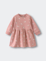 Pink dress with white bunny rabbit print and ribbed cuffs Baby Sweatshirt Dress - Meadow Friends Blush Baby girl