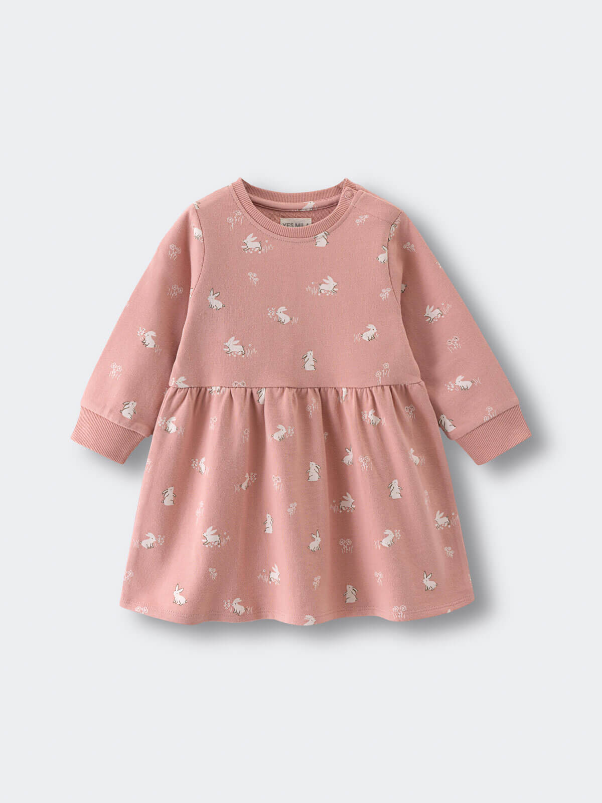 Pink dress with white bunny rabbit print and ribbed cuffs Baby Sweatshirt Dress - Meadow Friends Blush Baby girl