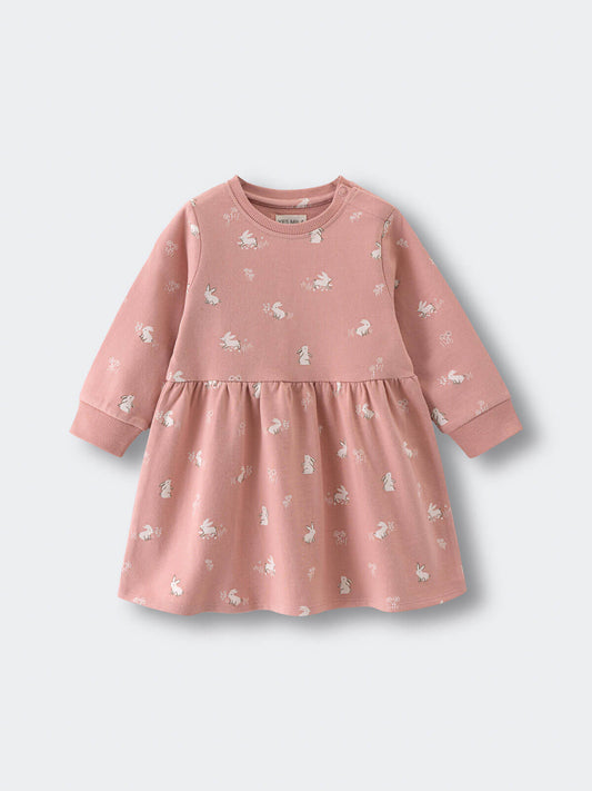 Pink dress with white bunny rabbit print and ribbed cuffs Baby Sweatshirt Dress - Meadow Friends Blush Baby girl