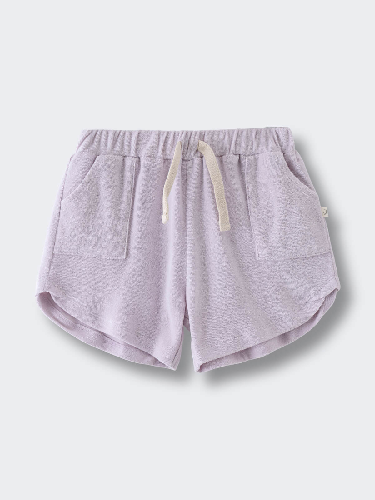 Lavender terry cloth shorts with drawstring and curved hem on white background Towelling Shorts - Lilac Girls